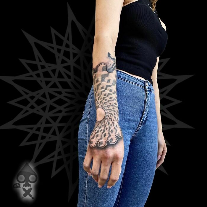Geometric Optical Illusion Hand Tattoo