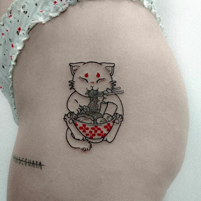 Funny Cat Eating Ramen Leg Tattoo
