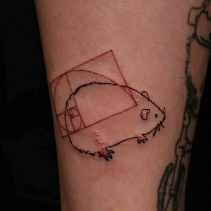 Funny hamster tattoo featuring a geometric design on a person's arm, combining humor and creativity.