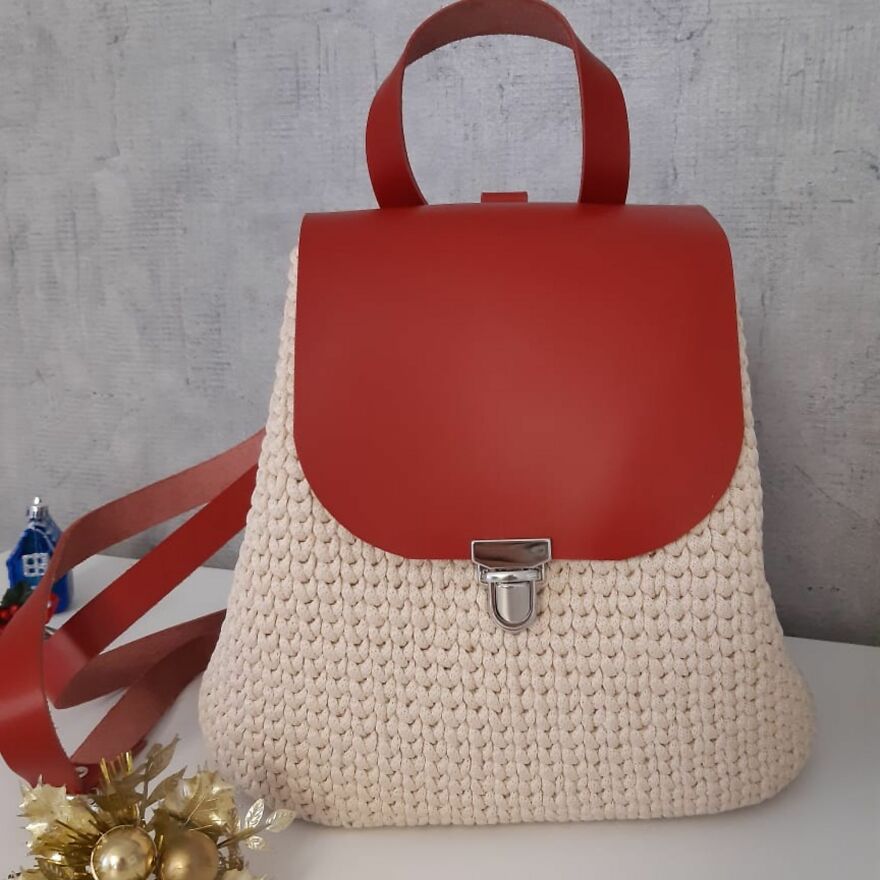 Cute Handmade Backpack With Red Leather Trim