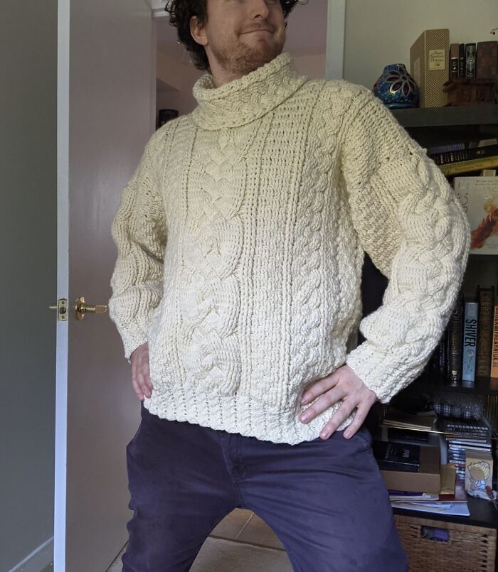 Wool Sweater For My Son. Not Knit Actually Crocheted. Someone Offered To Pay Me To Make Them One, So I Did The Math: Roughly $17,000 At Hourly Minimum Wage