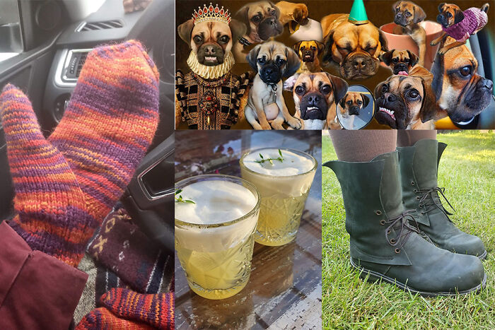Here's A Few Things Ive Made. From Left To Right: Mittens, A Collage Of The Best Pictures Of My Puggle Laka, A Cocktail(Of Course) And Some Shoes