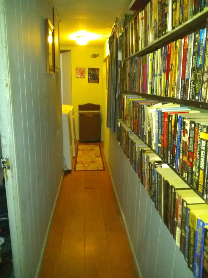 Narrow Hallway In Small House = Perfect Place For Narrow Floating Bookcase On Wall