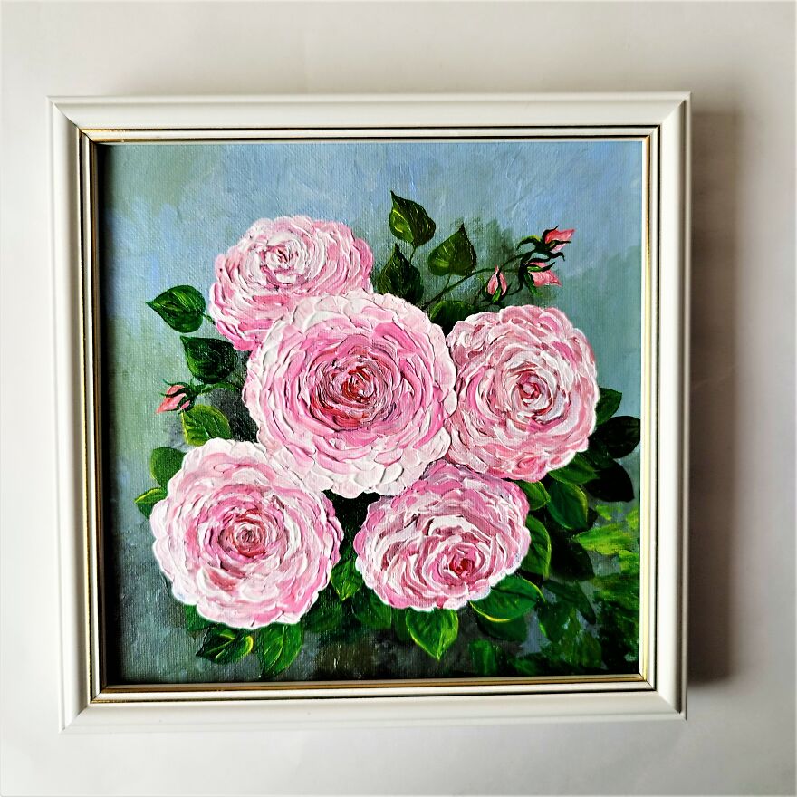 Pink Roses Painting Impasto