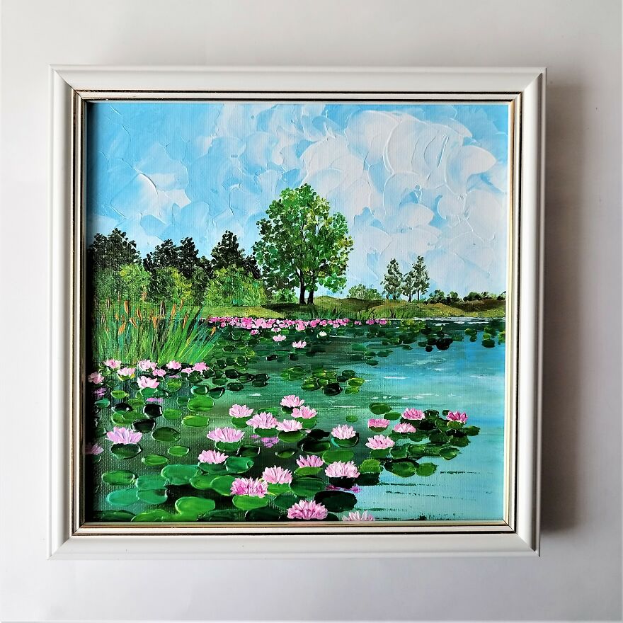 Pink Water Lilies Painting Impasto