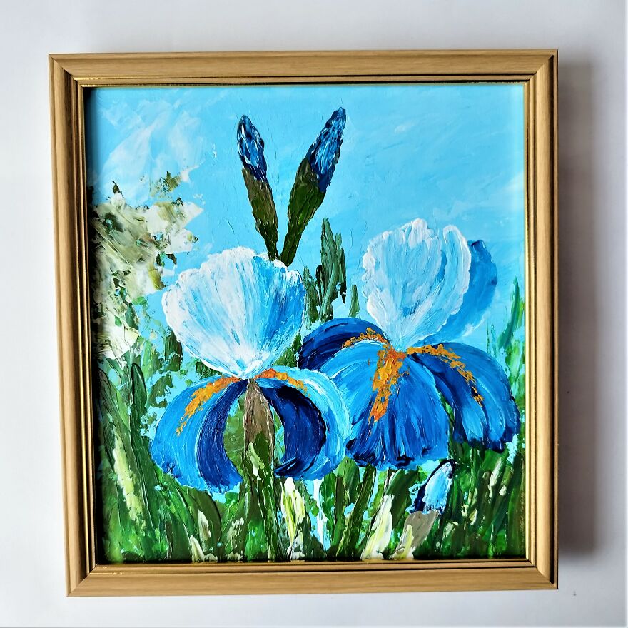 Blue Irises Painting Impasto
