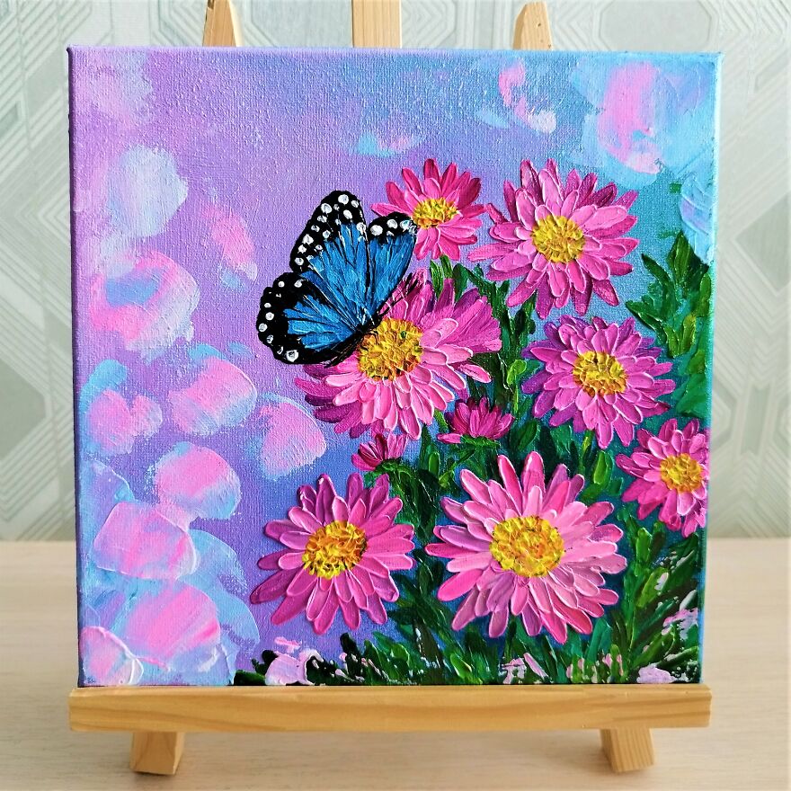 Butterfly And Pink Asters Painting Impasto