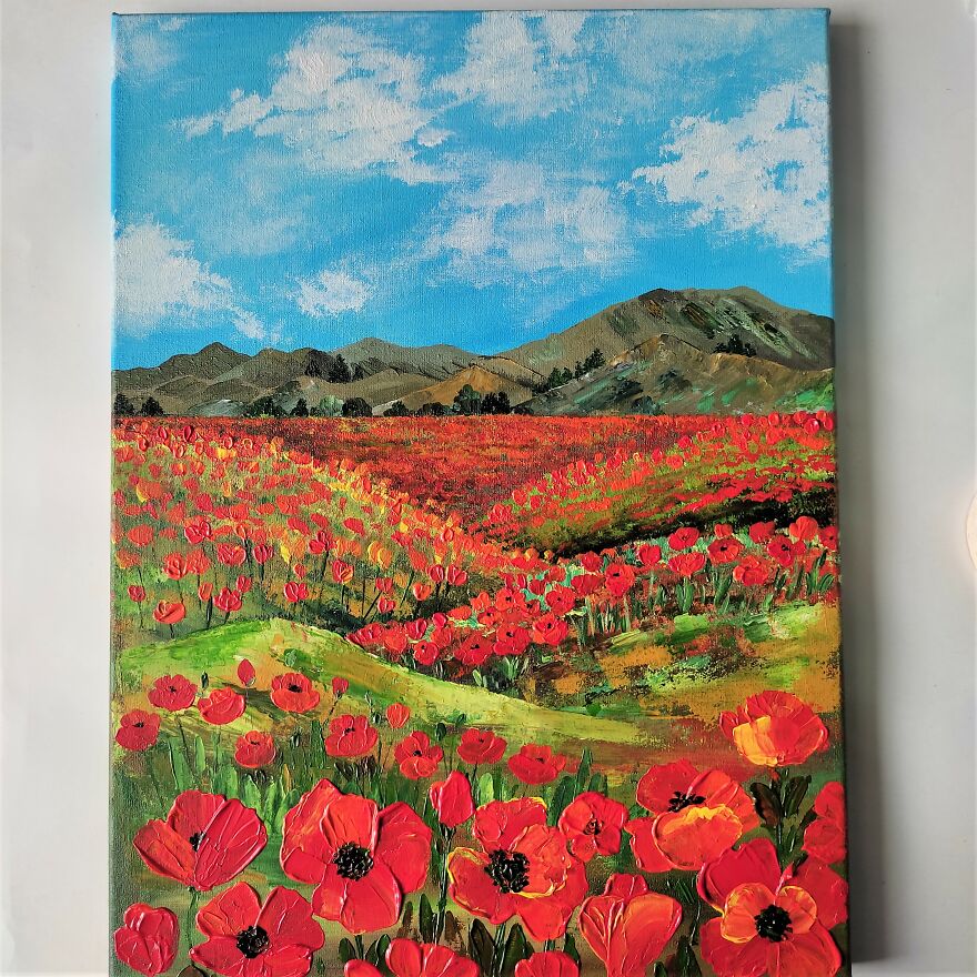 Field Of Red Poppies Painting Impasto