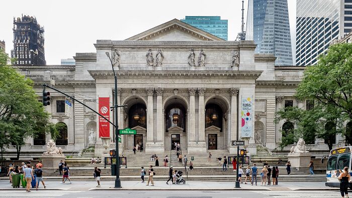 New York Public Library with skyscrapers in the back 
