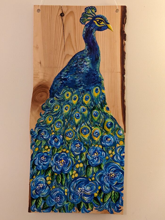 I Painted A Peacock With Roses For My Living Room Wall