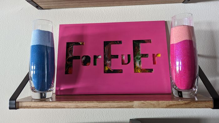 Just Got Married To The Love Of My Life; Made Her This Melted Crayon Sign With Sand Glasses On The Side
