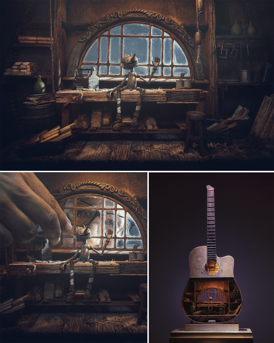 I Crafted My Own Pinocchio Diorama Inside A Guitar (10 Pics)