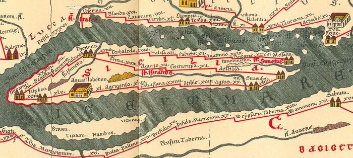 Part of Tabula Peutingeriana illustrated ancient Roman road map 