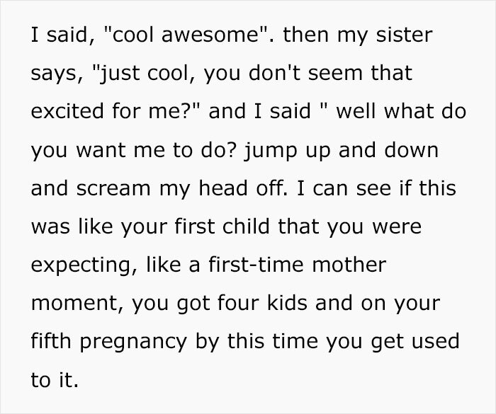 18 Y.O. Asks If She’s Wrong For Not Acting Excited When Her Sister Announced Her Fifth Pregnancy