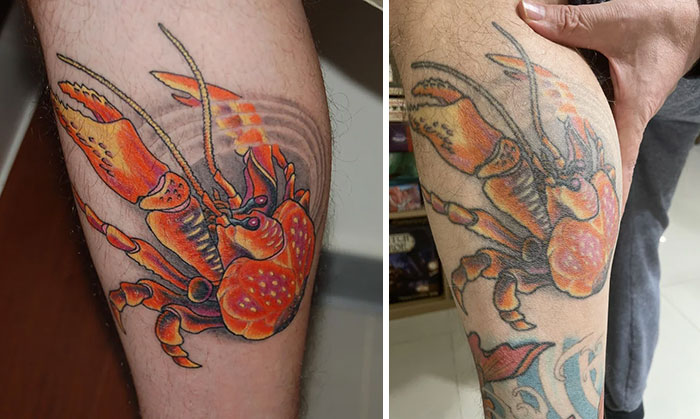 Aged tattoo of a lobster on a forearm, showing color fading over time.