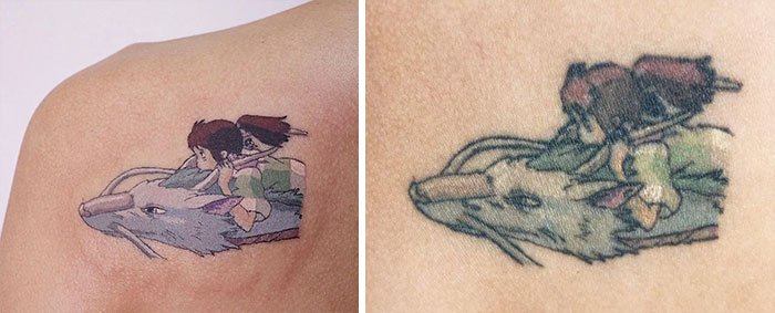 Aged tattoo of characters riding a wolf, showing color fading and blurring over time.