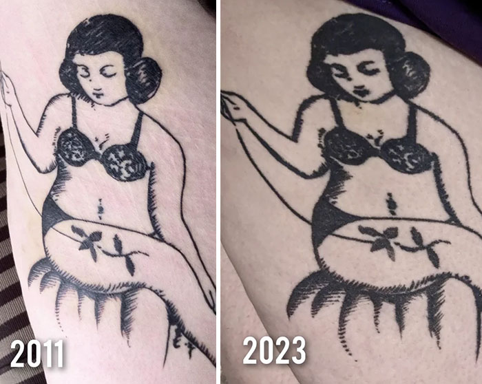 Aged tattoos comparison from 2011 to 2023, illustrating changes over time.