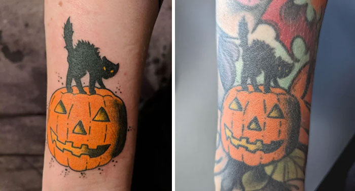 Aged tattoos of a black cat on a pumpkin, showing color fading and design changes over the years.
