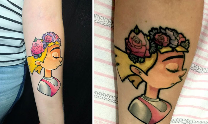 Bright cartoon character tattoo on arm, showing comparison between new and aged tattoos with faded colors.
