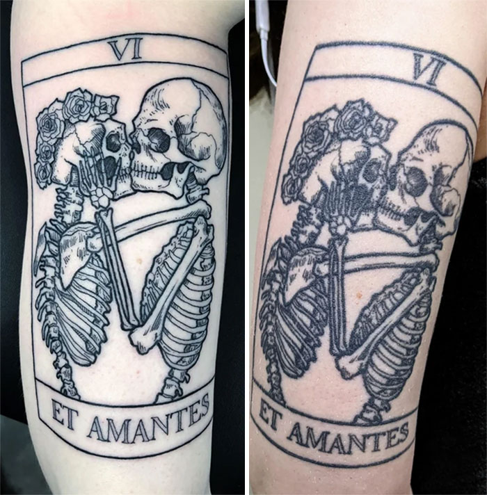Aged tattoos of kissing skeletons with flowers, showing how tattoos change over time.