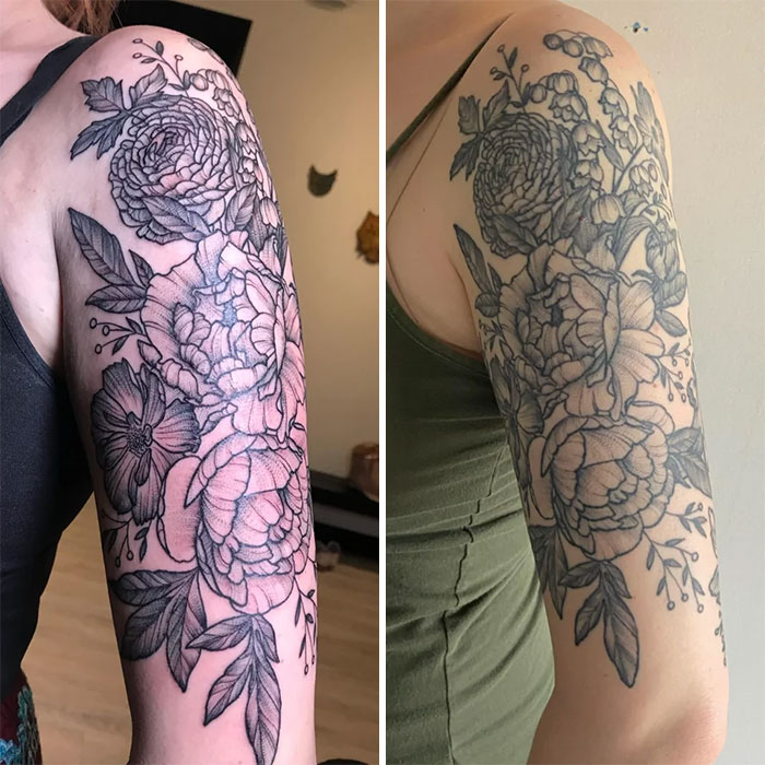 Delicate Floral Half Sleeve 2018 And Now (About 2.5 Years Aged) - Done By Kelsey Havel At Greenlion In Grand Rapids, MI