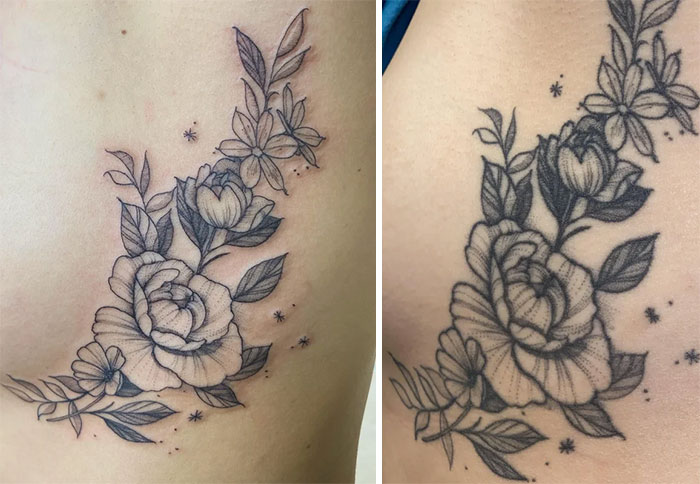 Aged tattoos showing floral designs, illustrating how much tattoos change over the years.