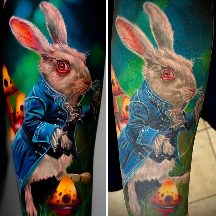 Aged tattoos of a rabbit in a blue coat, showing color fading and detail changes over years.