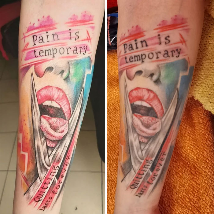 Aged tattoos comparison showing color fading and line blurring over time, featuring lips and scissors design.