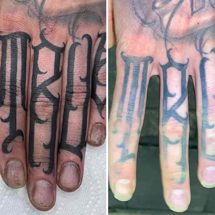 For Anyone Wondering How Finger Tattoos Age When You Work In A Kitchen. August 2020 Vs. April 2021. 9 Months
