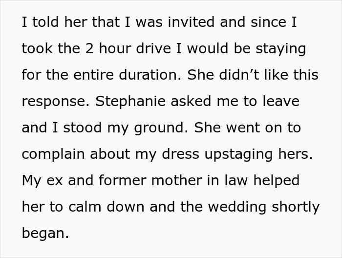 A woman is called out for trying to outdo the bride at her ex's wedding, and complains online but finds no support.
