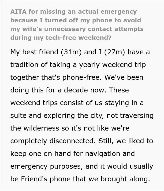 Husband Turns Off His Phone Because His Wife Keeps Calling Him During His Tech-Free Weekend, Misses An Emergency Husband Turns Off His Phone Because His Wife Keeps Calling Him During His Tech-Free Weekend, Misses An Emergency