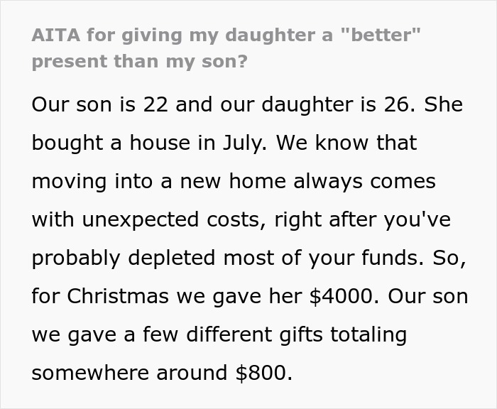 "My Son Is Clearly Resenting Us": Dad Gives $4k Christmas Gift To His Daughter And $800 Gifts To His Son, Son Gets Upset "My Son Is Clearly Resenting Us": Dad Gives $4k Christmas Gift To His Daughter And $800 Gifts To His Son, Son Gets Upset