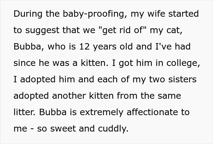 "He told me that I could pretty much choose between him or Bubba.": The man asks if he is wrong to want to bring his cat back home after his wife gives birth