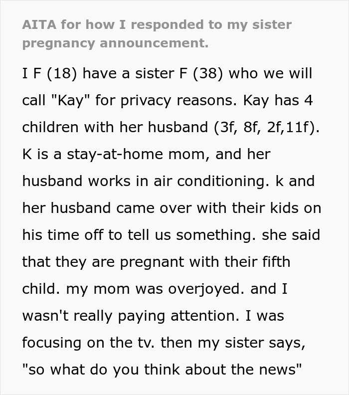 18 Y.O. Asks If She’s Wrong For Not Acting Excited When Her Sister Announced Her Fifth Pregnancy