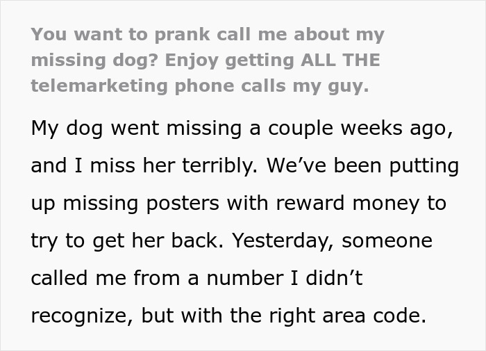 “You Want To Prank Call Me About My Missing Dog? Enjoy Getting All The Telemarketing Phone Calls, My Guy”
