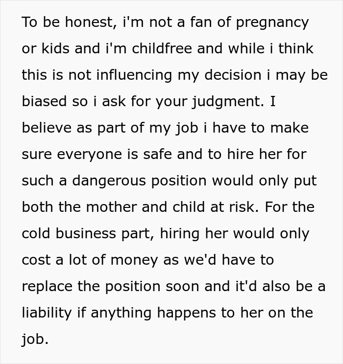 HR manager asks if it was right to turn down a candidate for a key position because she was 7 months pregnant