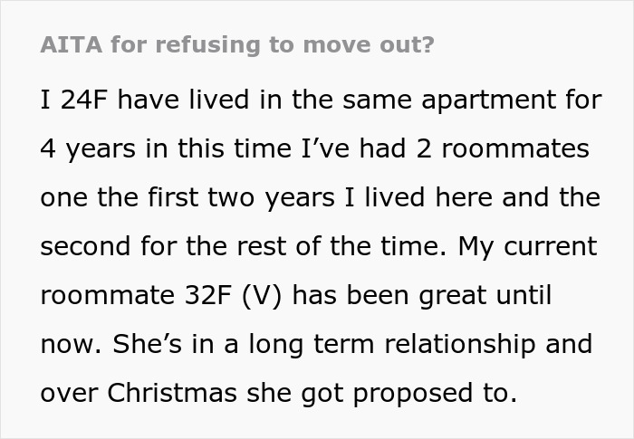24 Y.O. Woman Refuses To Move Out Of Her Shared Apartment After Her Roommate Gets Engaged, Roommate Gets Livid