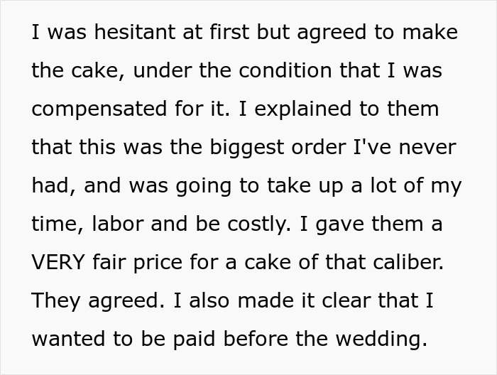 Brother promised to pay his sister $400 to make her a wedding cake and was left without it when he broke his promise