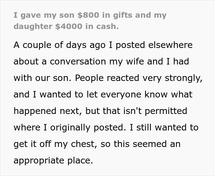 "My Son Is Clearly Resenting Us": Dad Gives $4k Christmas Gift To His Daughter And $800 Gifts To His Son, Son Gets Upset "My Son Is Clearly Resenting Us": Dad Gives $4k Christmas Gift To His Daughter And $800 Gifts To His Son, Son Gets Upset