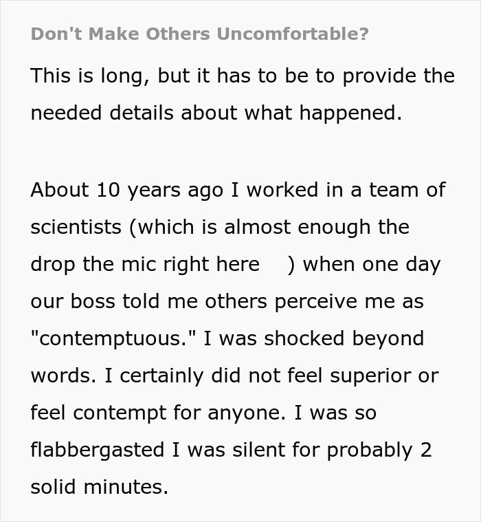 Employee Has No Clue What They Did To Make Others See Them As “Contemptuous”, Boss Insists On It Without Explanation, So They Go Silent And Losses Ensue Employee Has No Clue What They Did To Make Others See Them As “Contemptuous”, Boss Insists On It Without Explanation, So They Go Silent And Losses Ensue