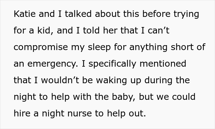 The man asks if she's a jerk for refusing to wake up to take care of her baby