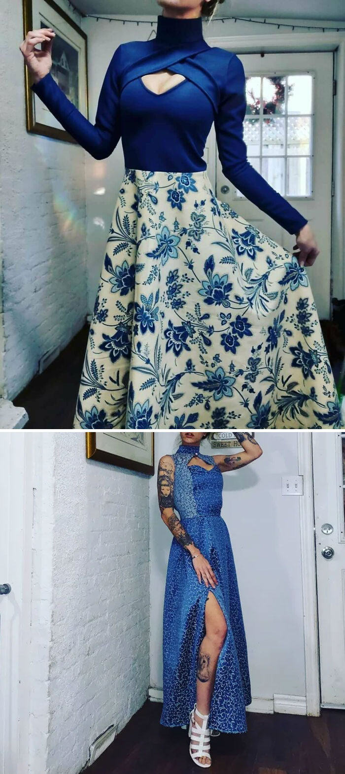 I Made These Two Dresses This Week. The Fabric Is Thrifted And The Long All Blue Dress Used To Be A Curtain