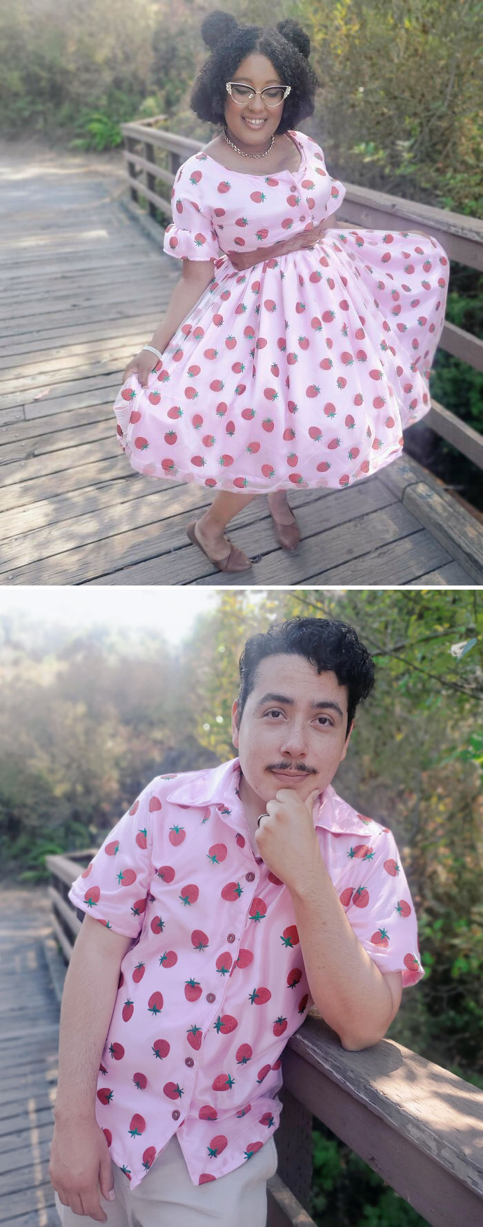 Me hice el vestido de frutillas de mis sueños, junto a una camisa a juego para mi esposo