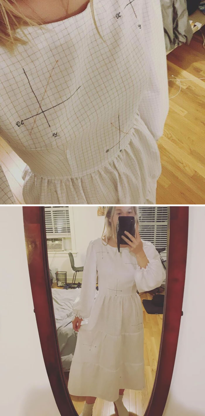 Made A Nerdy Dress On Cotton Shirting That Looked Like Graph Paper. Channeling Major Prairie Math Teacher Vibes. Embroidered Some Little Charts On Too
