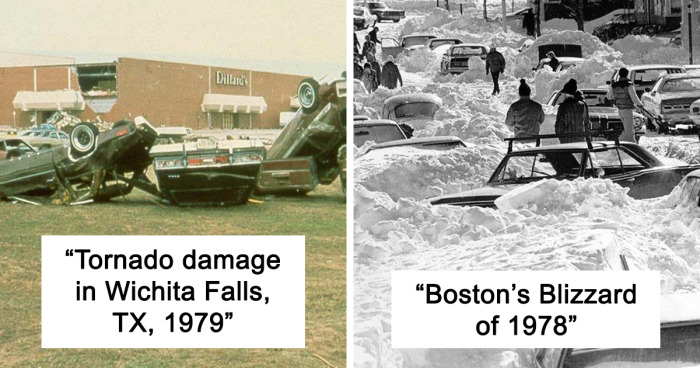 Extreme weather examples showing tornado damage in Wichita Falls and Bostonu2019s Blizzard of 1978 with overturned cars and heavy snow.