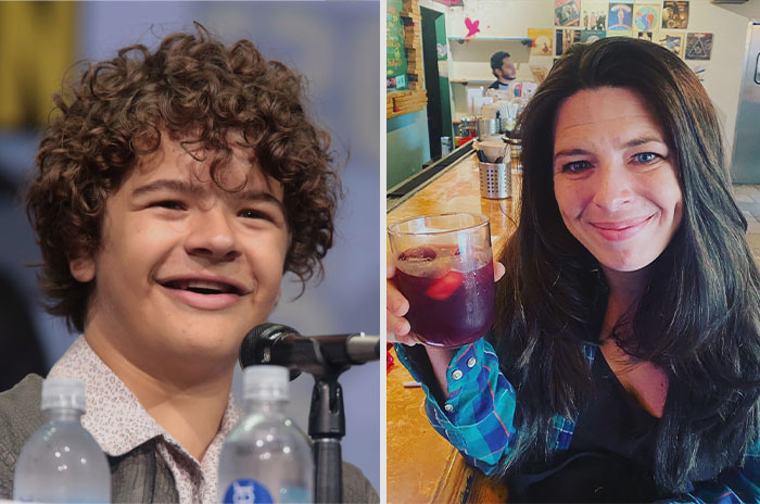 Gaten smiling (left), Heather holding a drink (right)