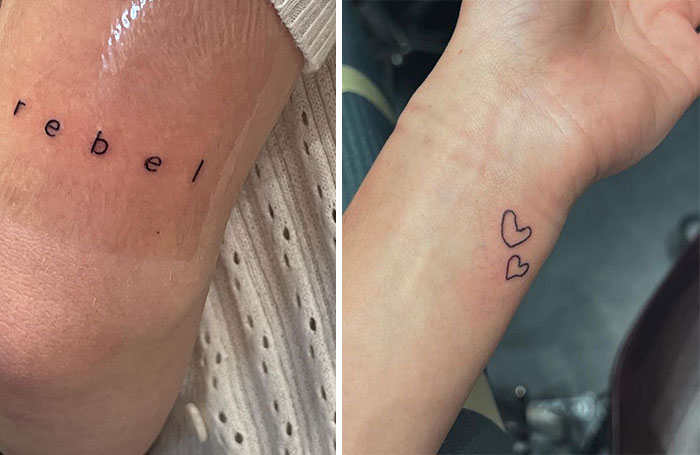 Celebrity tattoos featuring the word "rebel" and two heart outlines on forearms.