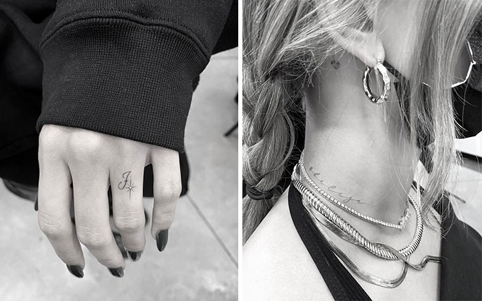 Close-up of celebrity tattoos: an initial on a finger and delicate script on a neck, both in black and white.