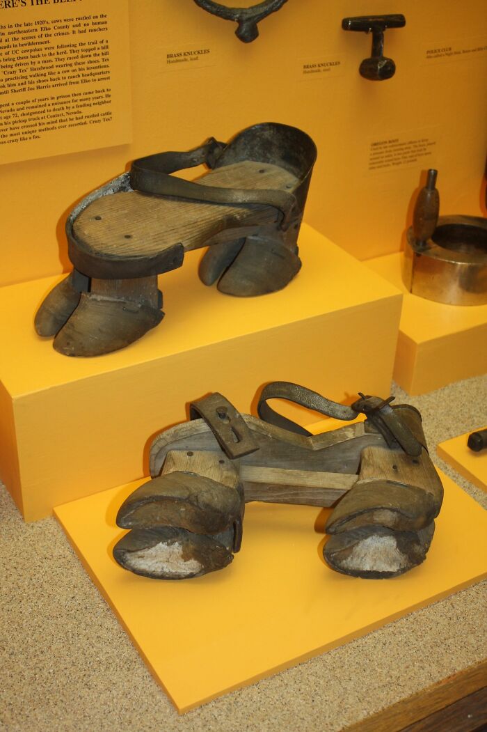Zapatos inventados y utilizados en los años 20 por un ladrón de ganado llamado ′′crazy Tex Hazel′′ para ocultar sus huellas mientras robaba vacas