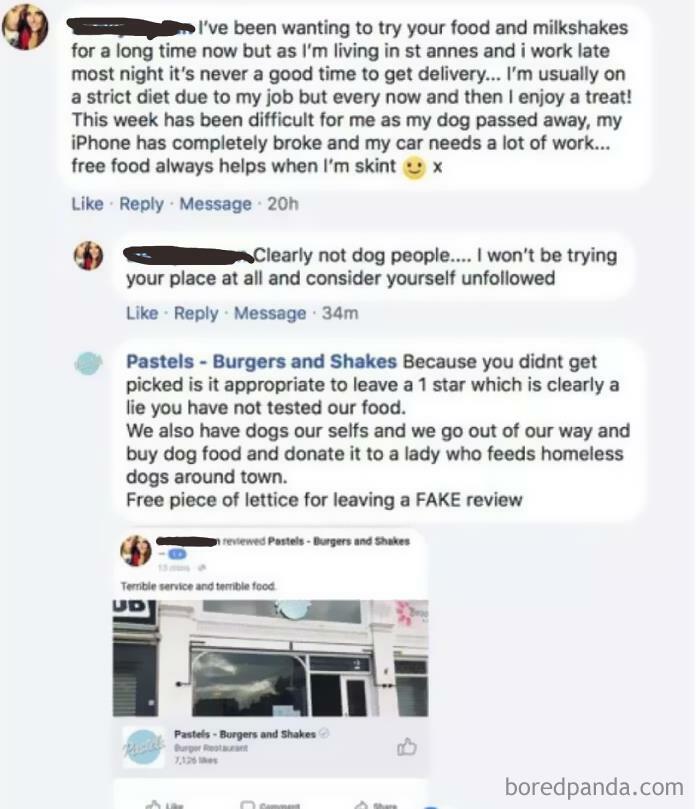 Woman Enters A Draw For Free Food, Gives A Sob Story, Doesn't Win The Draw And Then Writes A Fake Review To Damage The Reputation Of The Restaurant